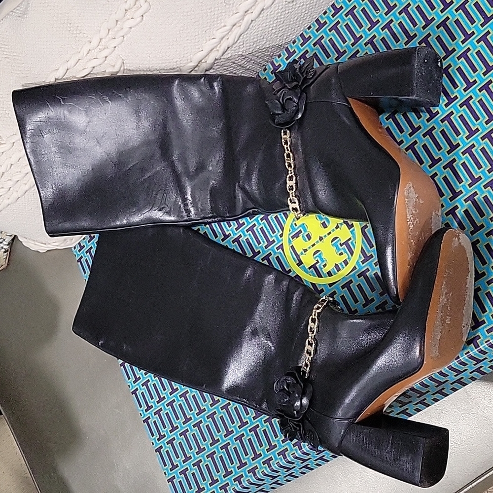 Tory Burch Black Blossom Block Heel Boots Tall Knee High Shoes - Picture 5 of 10
